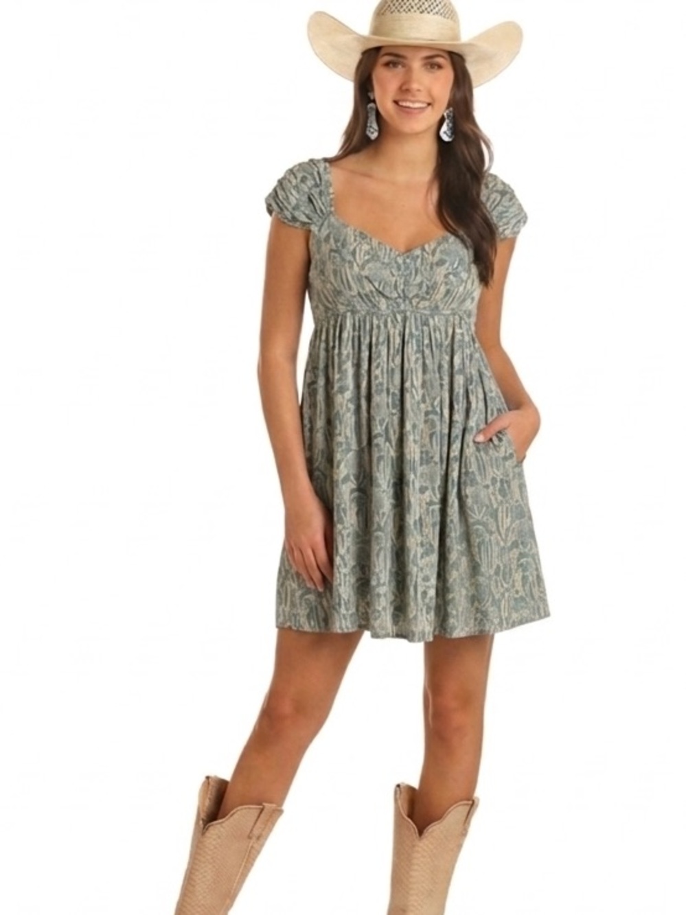 Boho Puff-Sleeve Mini Dress in Sage Paisley